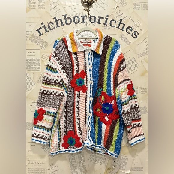 Free People Terry Towel Cardigan Chunky Floral Applique Buttons Oversized - Picture 5 of 7